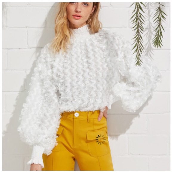 Tops - Eggshell White Feather Textured Mock Neck Top